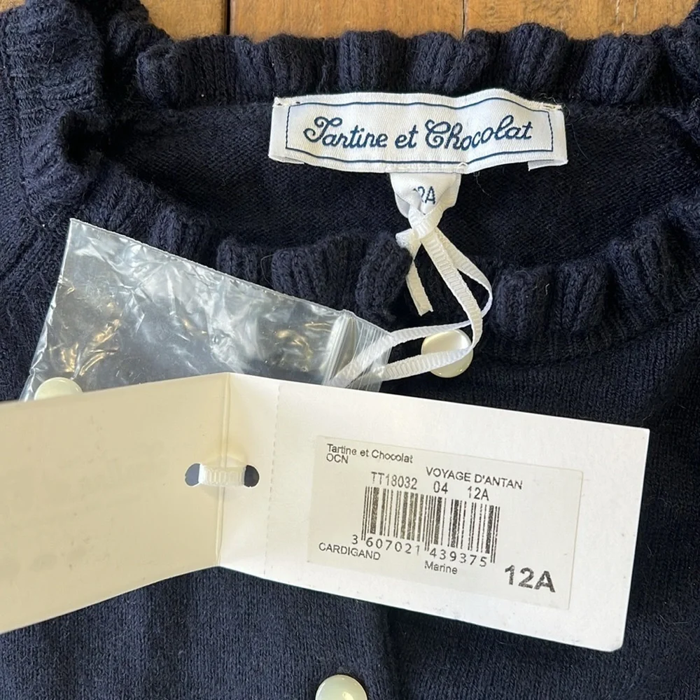 Tartine Et Chocolat marine voyager wool blend ruffle cardigan sweater nwt